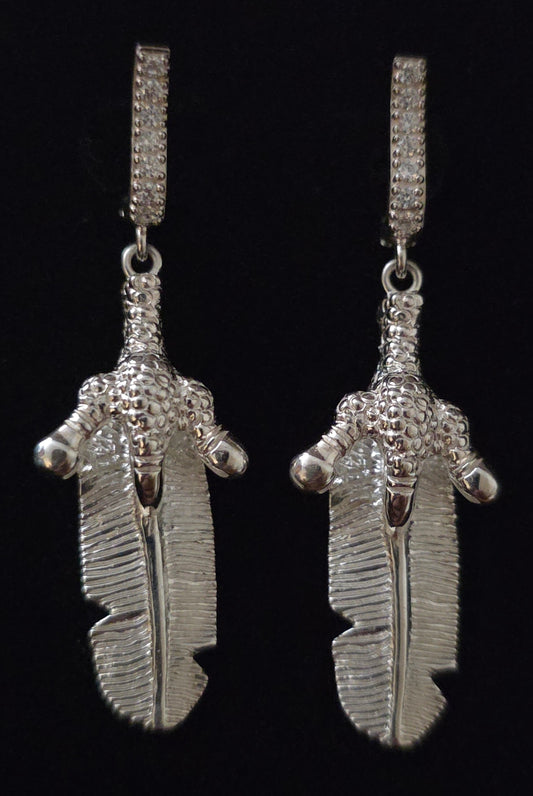 Large Eagle  Claw Clutching Feather Silver Earrings Faceted
