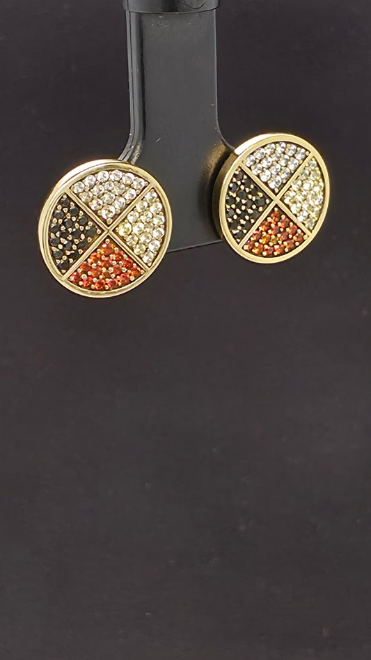 Brass Medicine Wheel Faceted Stone Stud Earrings